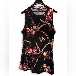 Apt. 9 Black Tank with Red Floral and Chain Design